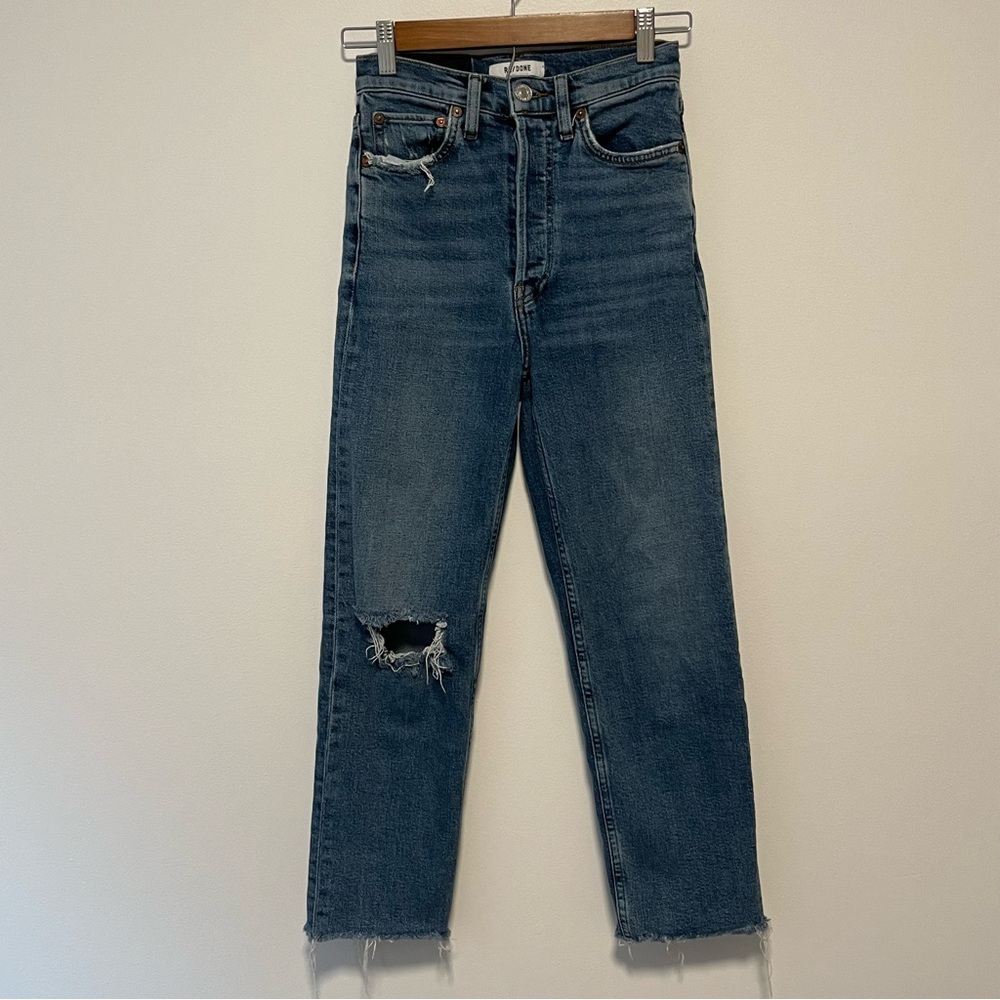 Re/done High Rise Stove Pipe Jeans Vintage Indigo Destroy Blue Jeans 25